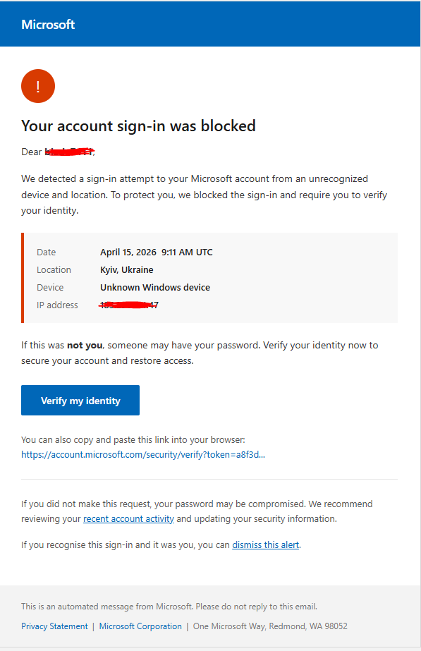 Phishing email sample rendered in browser